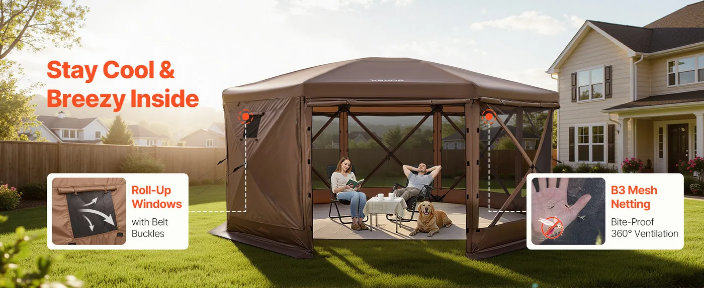 VEVOR 15 x 15 ft 8 Sided Pop Up Gazebo Screen Tent Brown Air Circulation