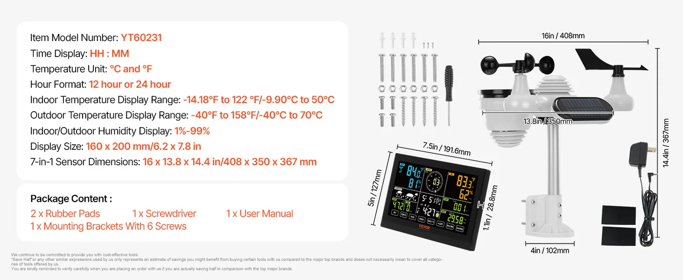VEVOR 7-in-1 Wireless Weather Station 7-in-1 Sensor 7.5" Col overview