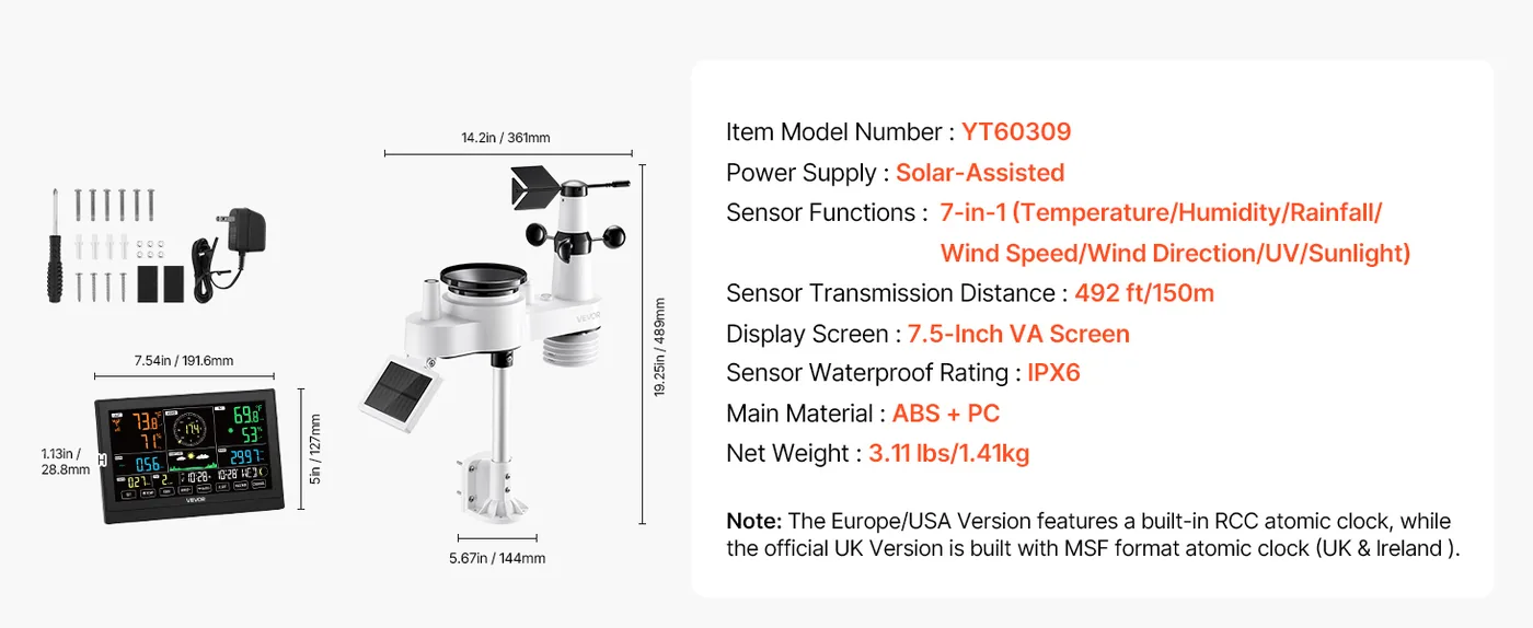 VEVOR 7-in-1 Wireless Weather Station 7-in-1 Sensor 7.5" VA feature 4