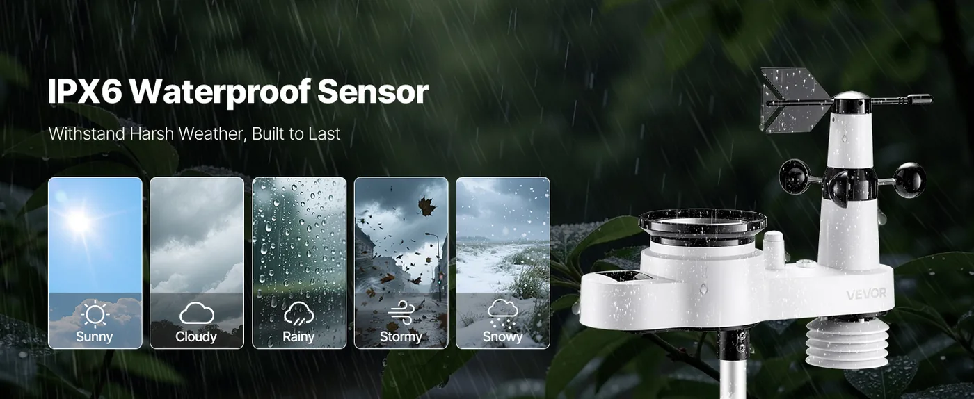 VEVOR 5-in-1 Wireless Weather Station 5-in-1 Sensor 7.5" VA IPX6 Waterproof