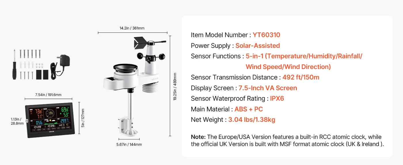 VEVOR 5-in-1 Wireless Weather Station 5-in-1 Sensor 7.5" VA feature 4