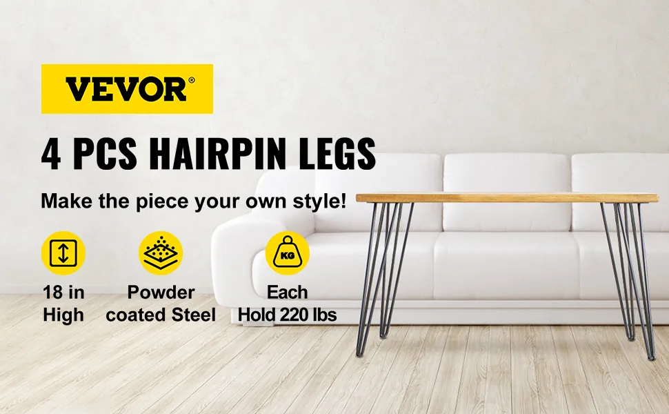 VEVOR Hairpin Table Legs 18" Black Set of 4 Desk Legs 880lb overview