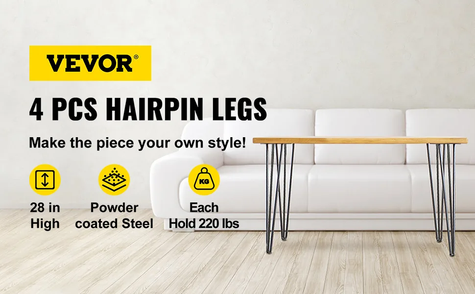 VEVOR Hairpin Table Legs 28" Black Set of 4 Desk Legs 880lbs overview