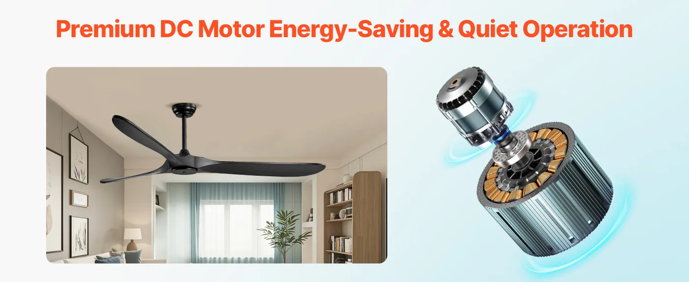 VEVOR 72 Inch Ceiling Fan without Light 3 Solid Wood Blades DC Motor, Strong Airflow
