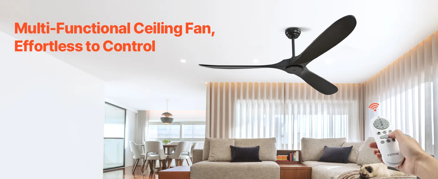 VEVOR 72 Inch Ceiling Fan without Light 3 Solid Wood Blades Wireless Remote Control