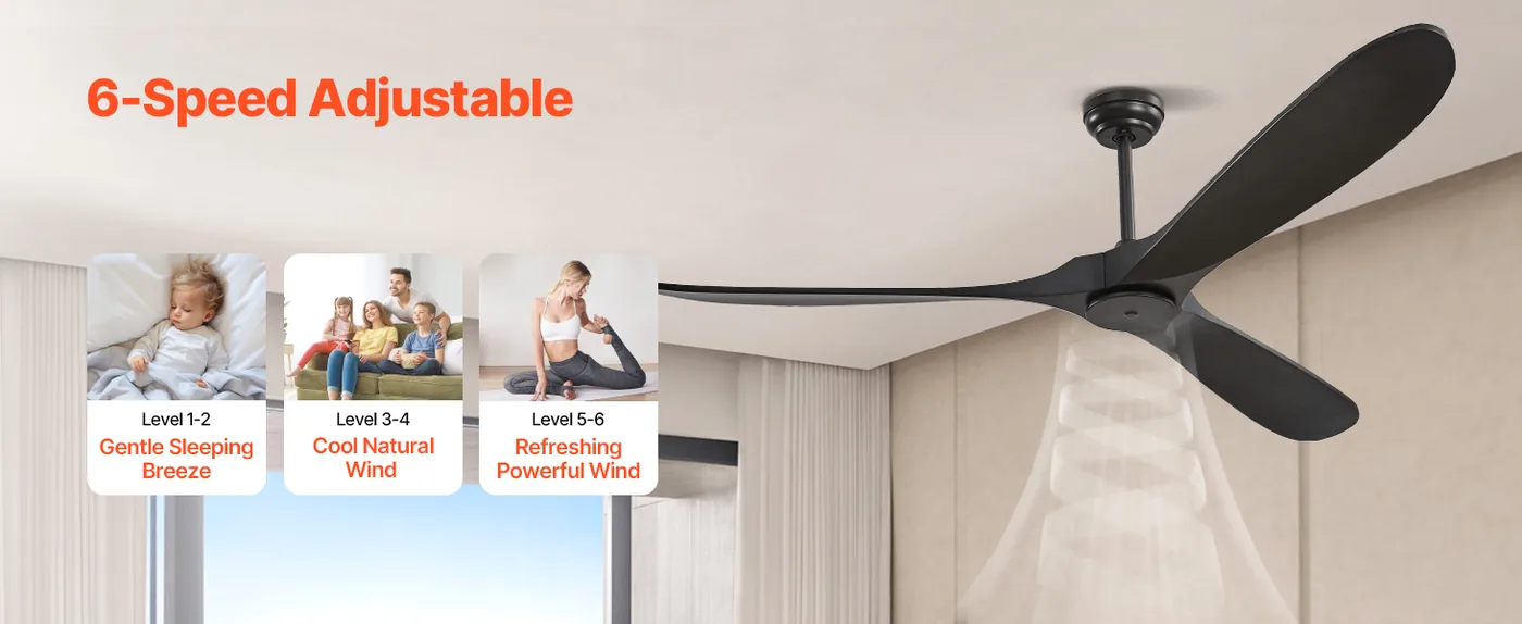 VEVOR 72 Inch Ceiling Fan without Light 3 Solid Wood Blades Multiple Timers