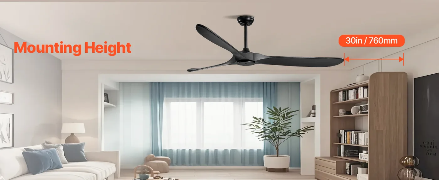 VEVOR 72 Inch Ceiling Fan without Light 3 Solid Wood Blades Mounting Height