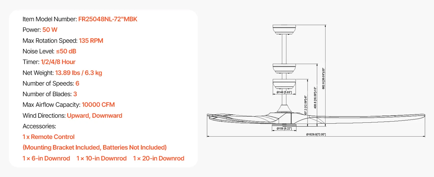 VEVOR 72 Inch Ceiling Fan without Light 3 Solid Wood Blades feature 1