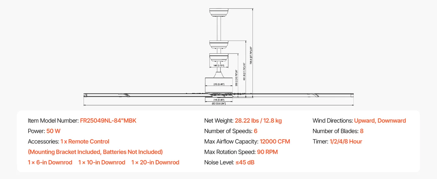 VEVOR 84 In Ceiling Fan without Light 84 inch 8 Aluminum Bla feature 1