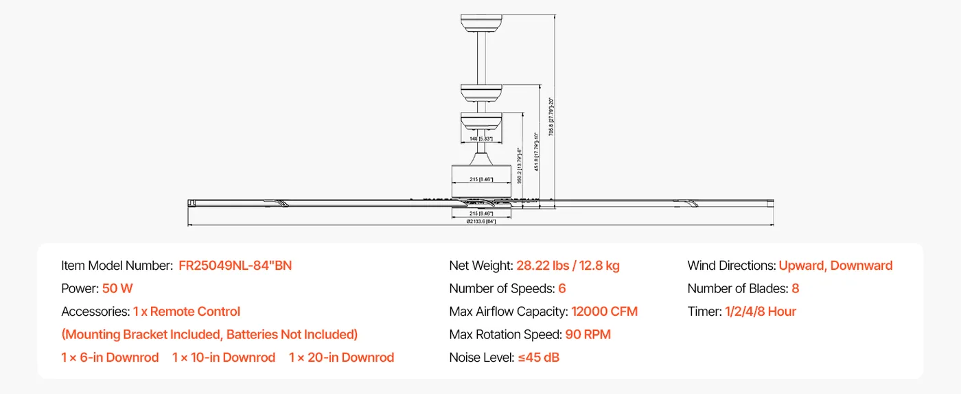 VEVOR 84 In Ceiling Fan without Light 84 inch 8 Aluminum Bla feature 1