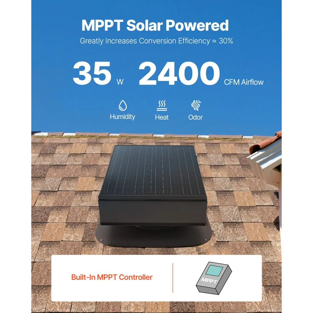 VEVOR 35W Solar Attic Fan 2400 CFM Auto Temperature in use