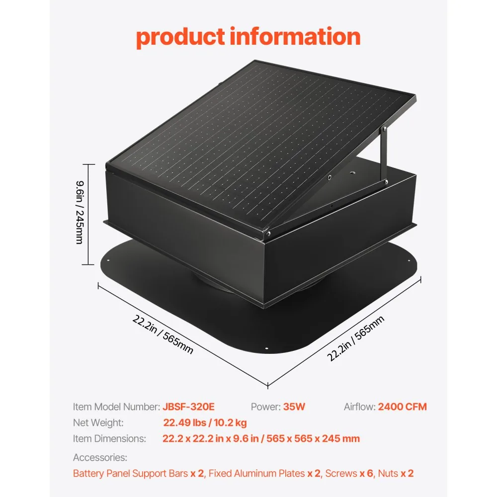 VEVOR 35W Solar Attic Fan 2400 CFM Auto Temperature package contents