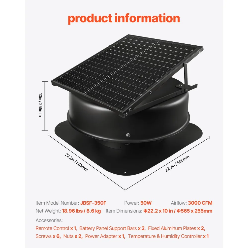 VEVOR 50W Solar Attic Fan 3000 CFM with Remote Control package contents