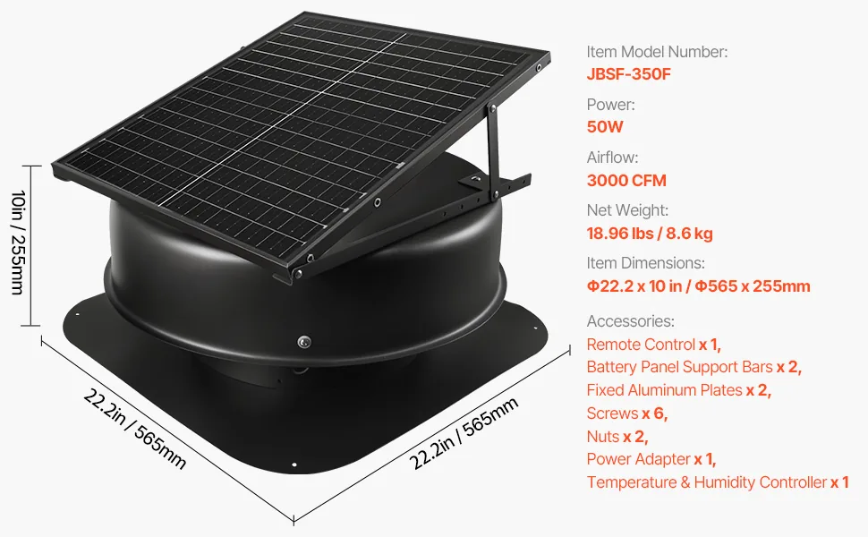 VEVOR 50W Solar Attic Fan 3000 CFM with Remote Control solar power detail 4