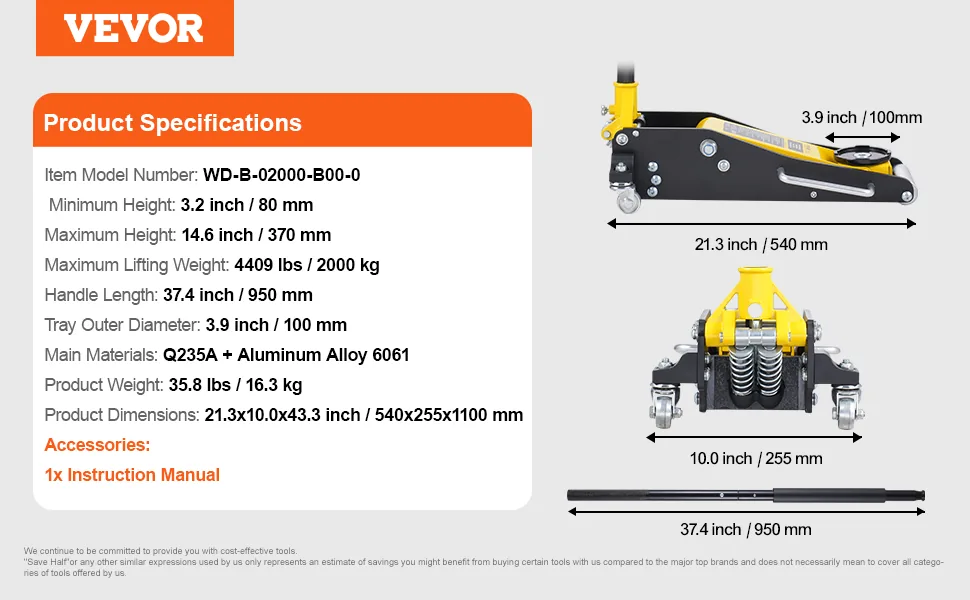 VEVOR Low Profile Floor Jack 2 Ton (4400 lbs) feature 4