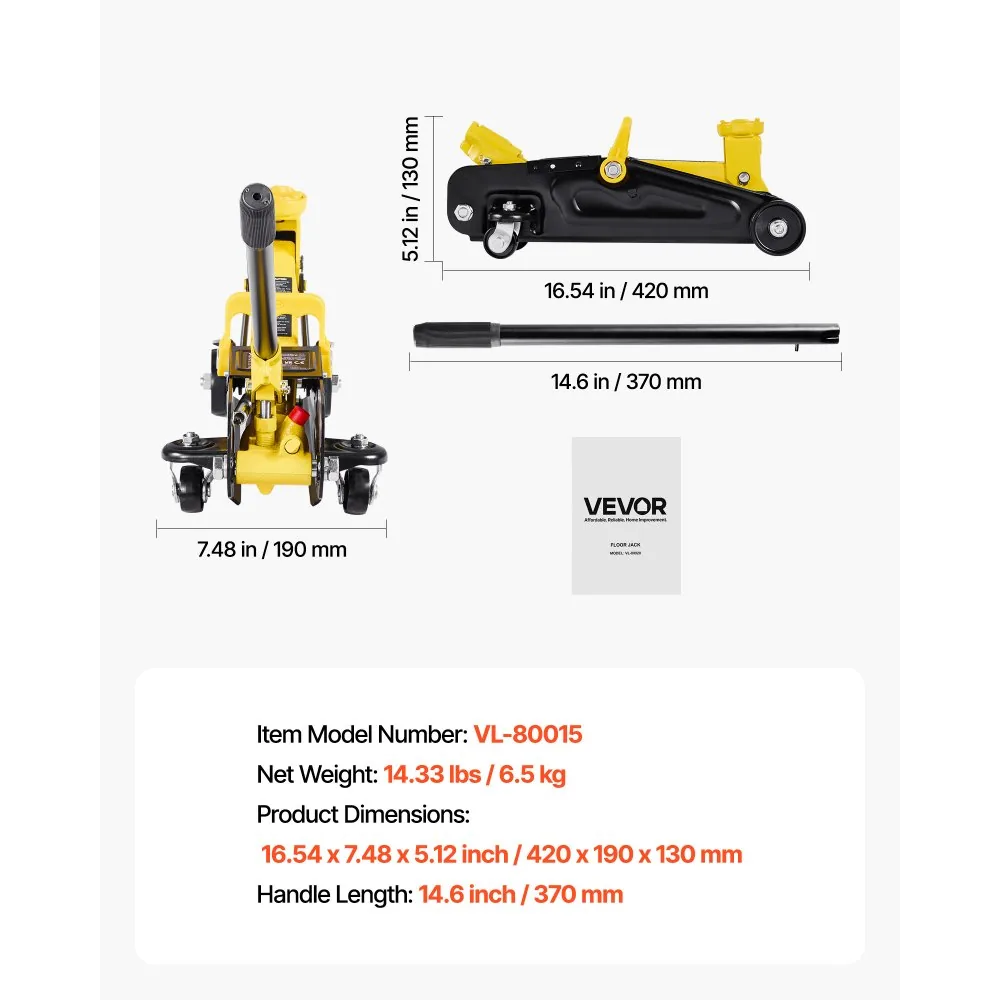 VEVOR 1.5 Ton Low Profile Floor Jack 5.1-12.2 in package contents