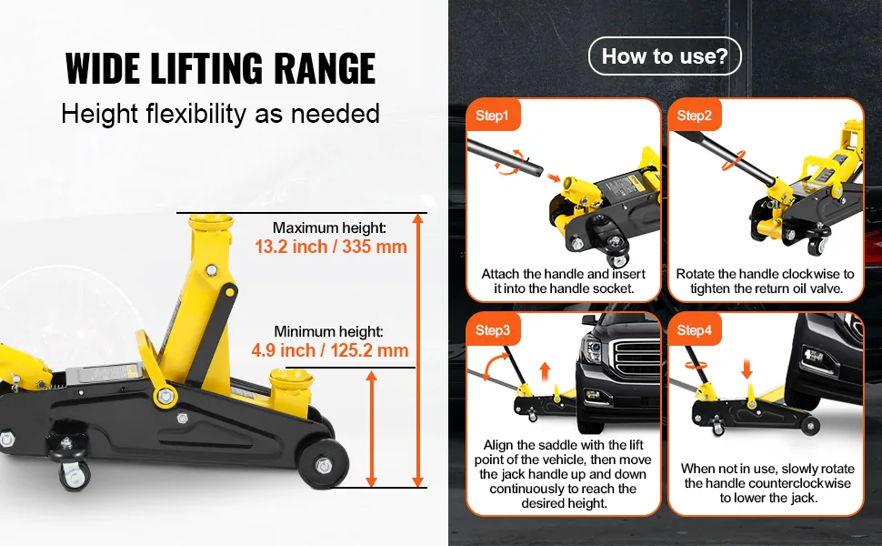 VEVOR 2 Ton Low Profile Floor Jack 4.9-13.2 in Hydraulic overview