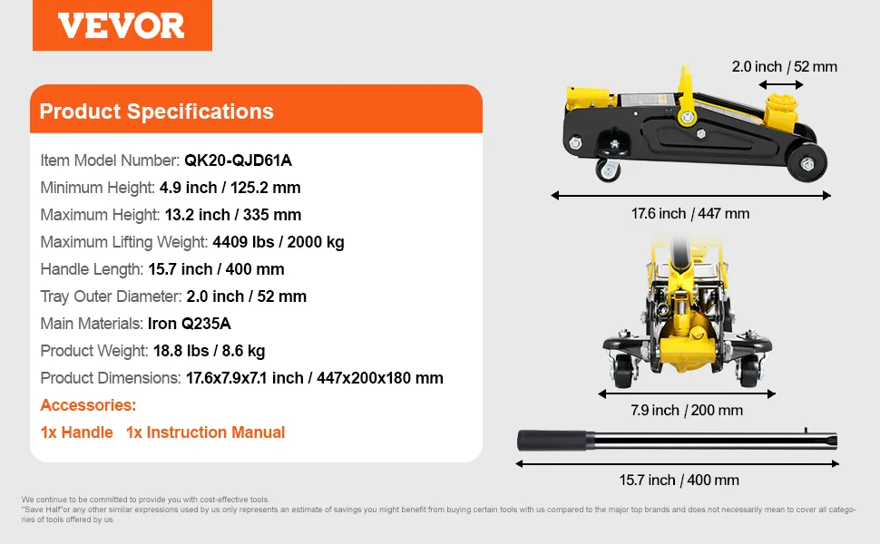 VEVOR 2 Ton Low Profile Floor Jack 4.9-13.2 in Hydraulic lifting power detail 4