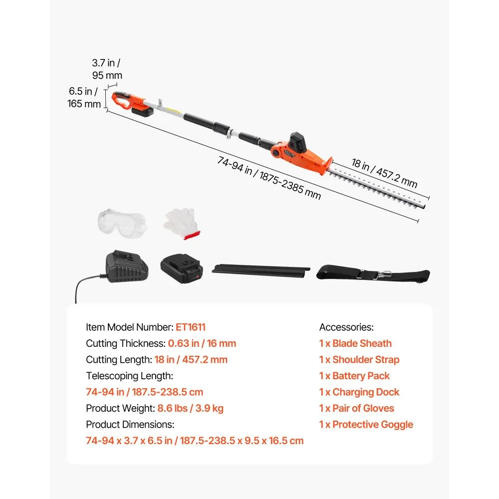 VEVOR Cordless Pole Hedge Trimmer High Branch 18 inch product image 7