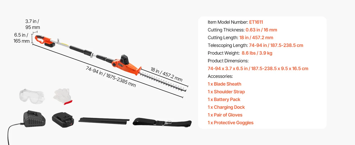 VEVOR Cordless Pole Hedge Trimmer High Branch 18 inch feature 5
