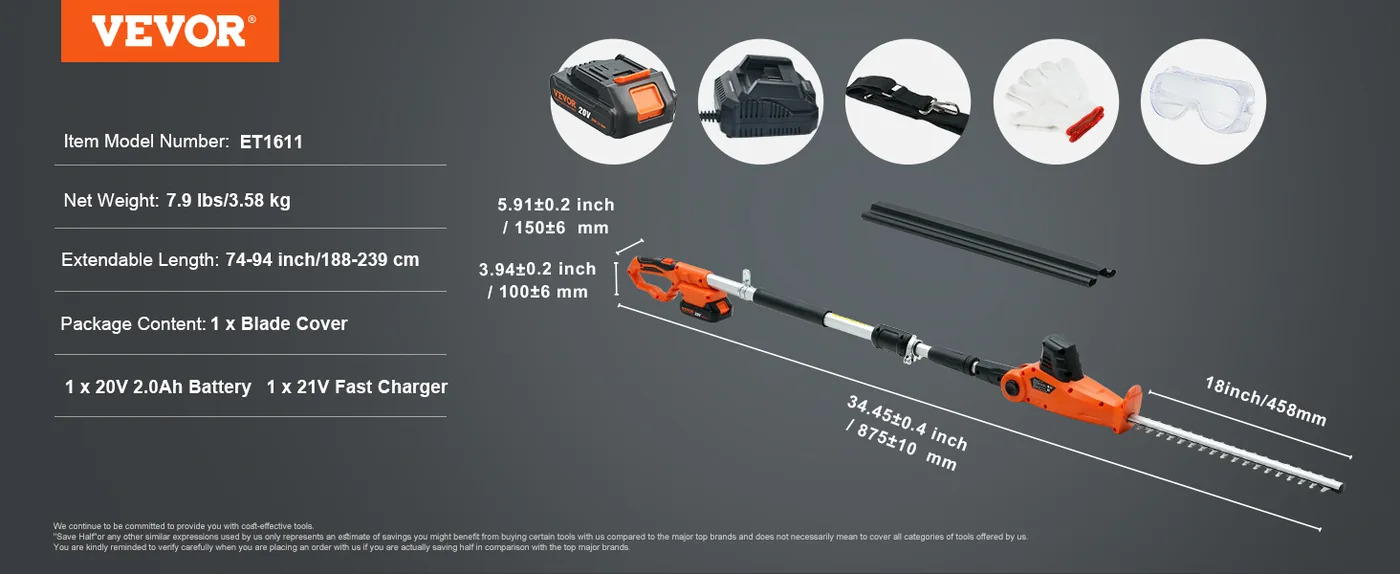VEVOR 20V Cordless Hedge Trimmer 18 inch feature 5