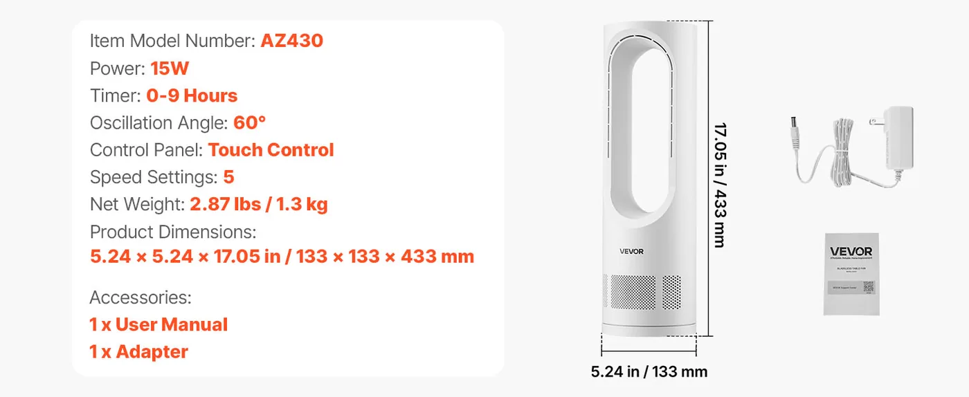 VEVOR Desk Fan Bladeless 17 inch feature 5