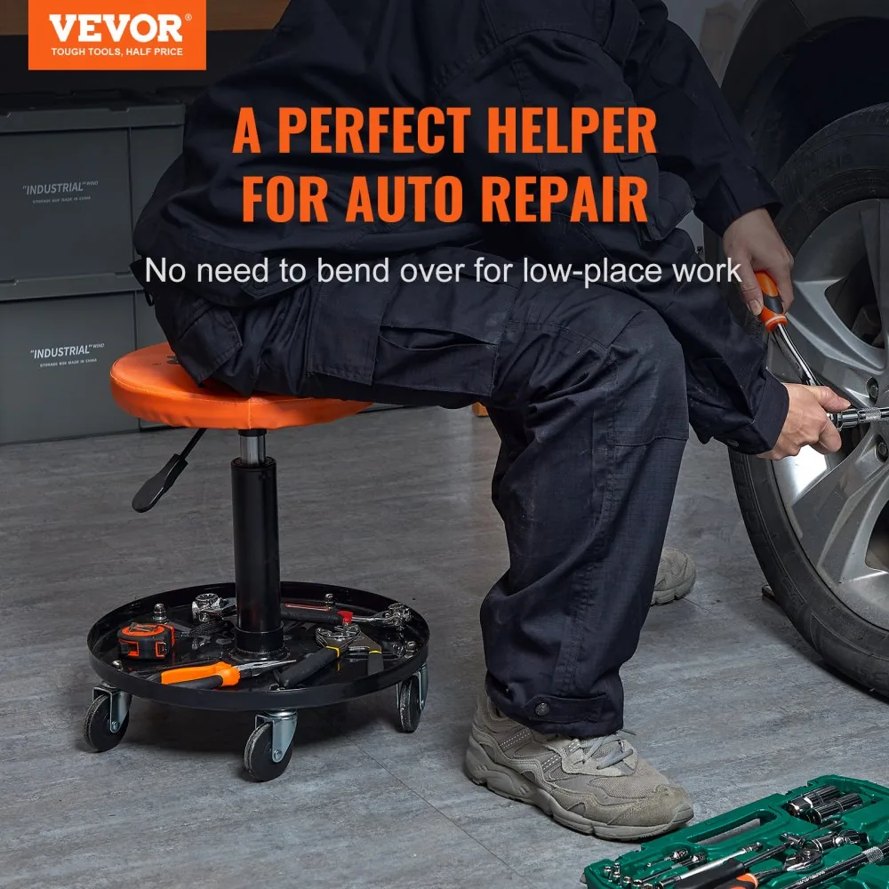 VEVOR Mechanic Stool 250 LBS Rolling with Tool Tray in use