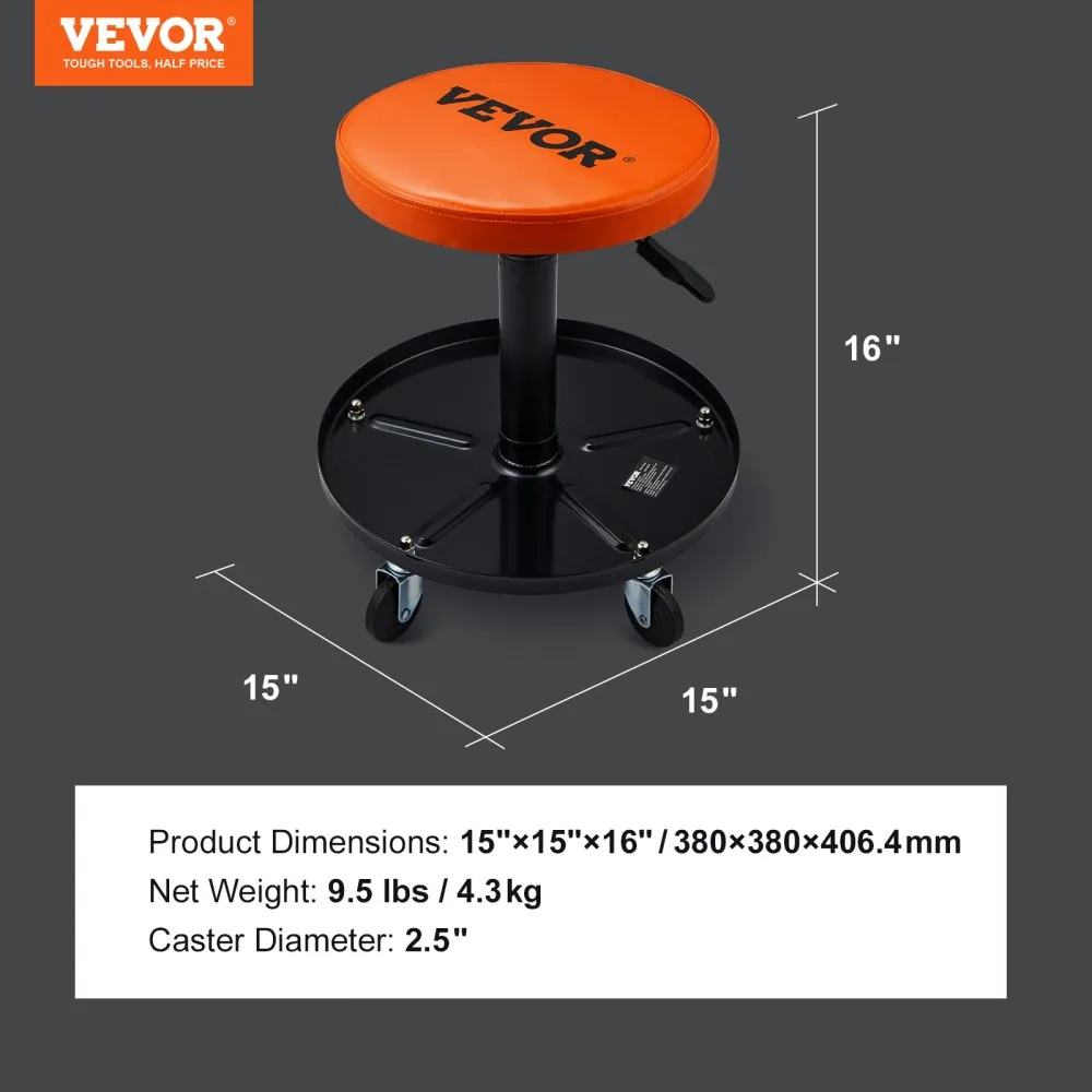 VEVOR Mechanic Stool 250 LBS Rolling with Tool Tray package contents