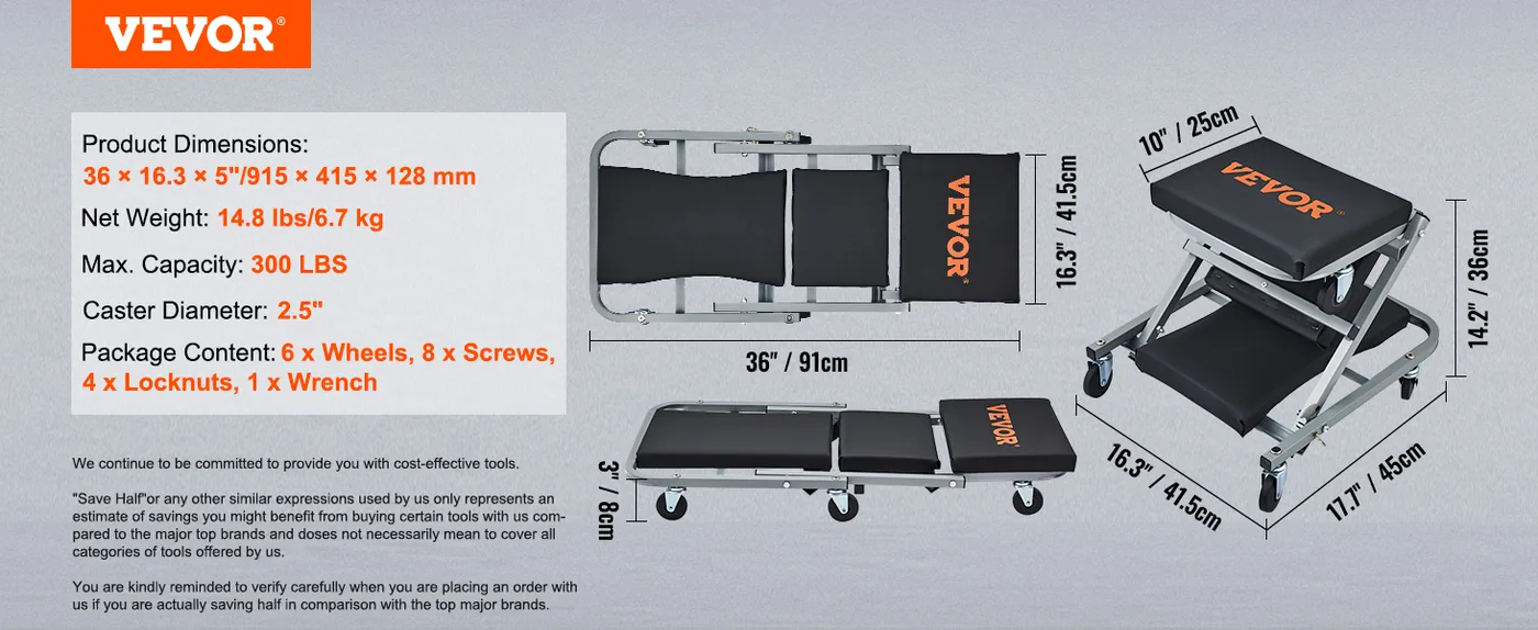VEVOR 36 in 2 in 1 z creeper seat overview