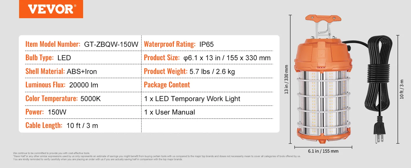 VEVOR LED Portable Work Lamp 150W 1 Pack feature 5