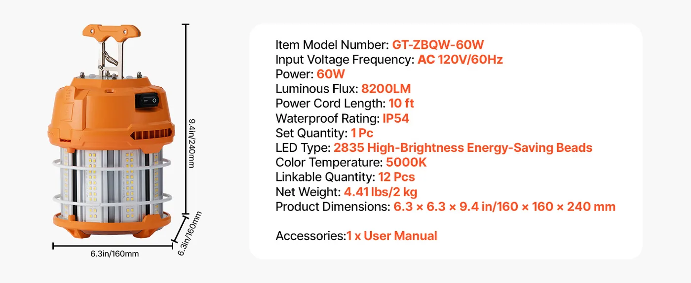 VEVOR LED Temporary Work Light 60W 1 Pack feature 5