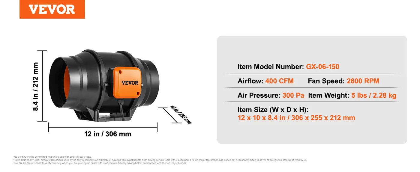 VEVOR Inline Duct Fan Standard Knob Speed Control AC 6 inch feature 1