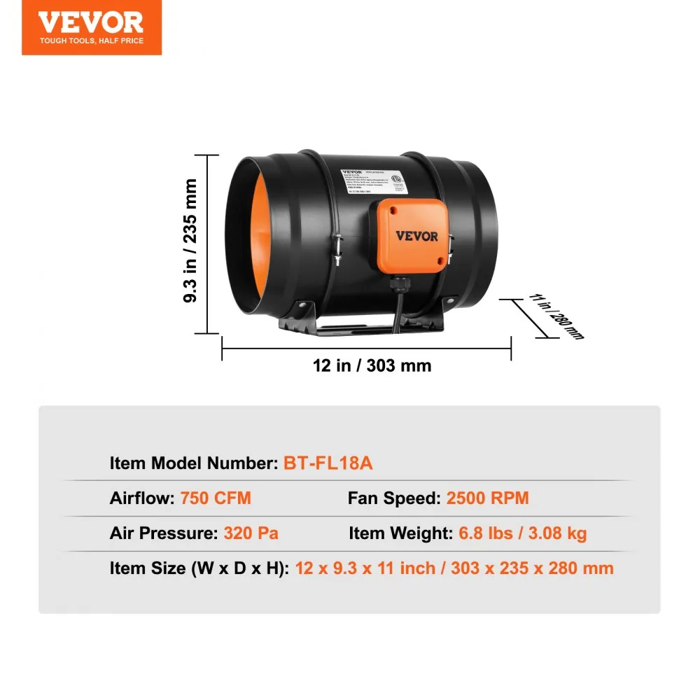 VEVOR Inline Duct Fan Standard Knob Speed Control AC 8 inch product image 7
