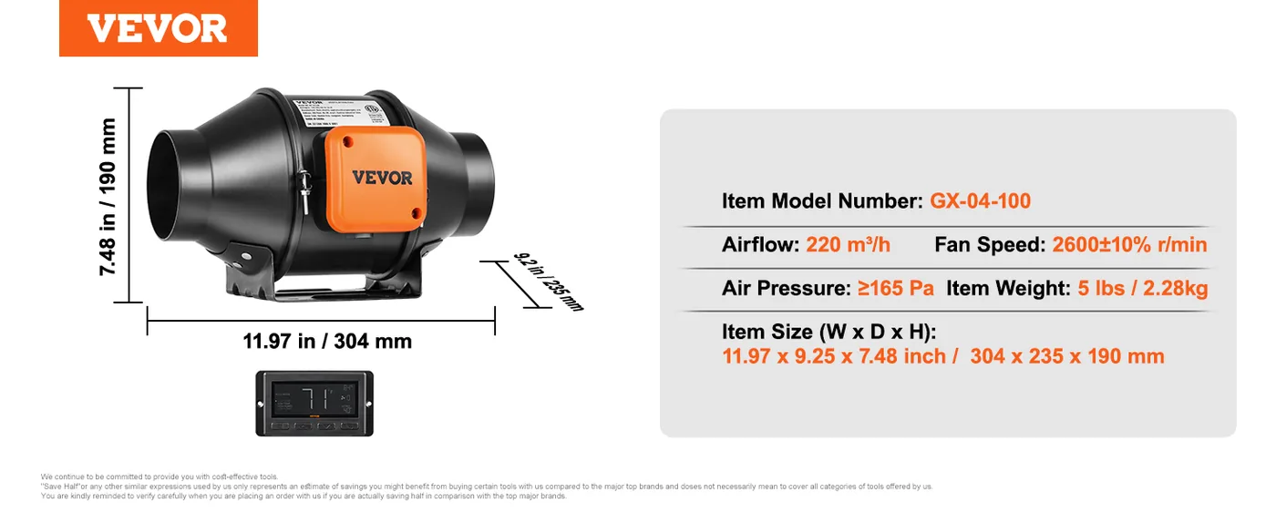 VEVOR Inline Duct Fan PWM Temperature & Humidity Control feature 1