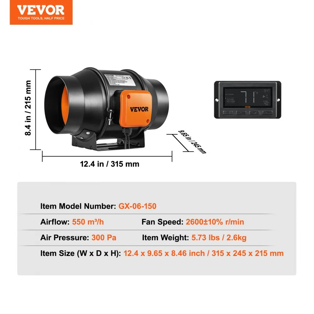 VEVOR Inline Duct Fan PWM Temperature & Humidity Control product image 7