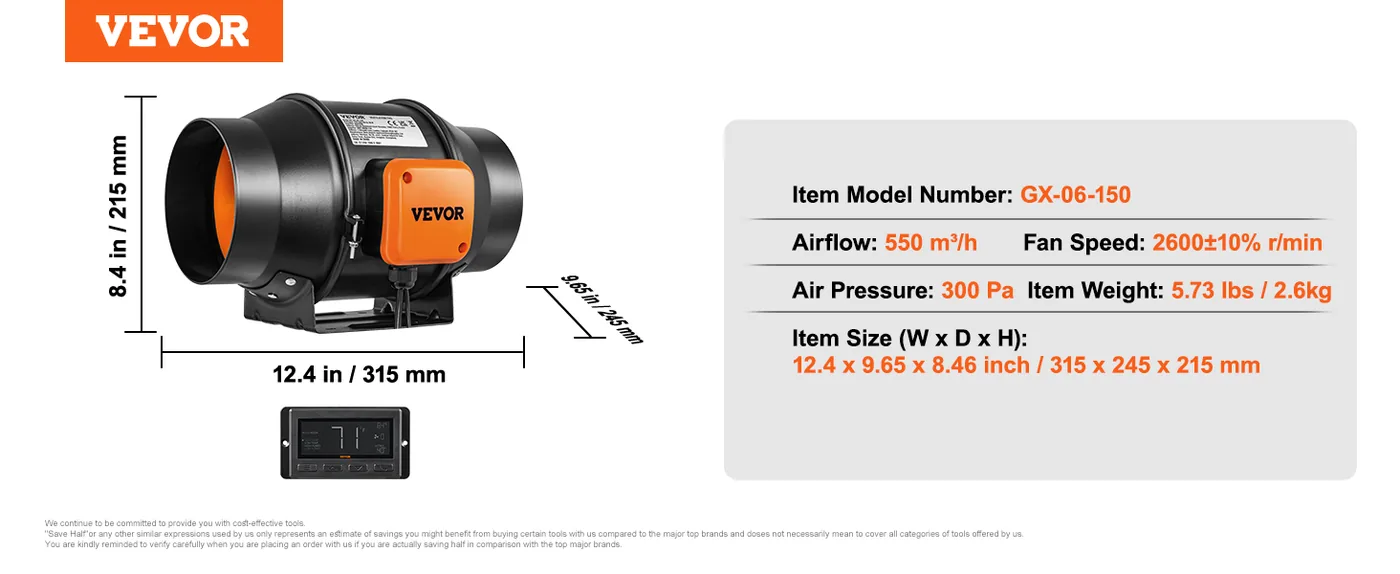 VEVOR Inline Duct Fan PWM Temperature & Humidity Control feature 1