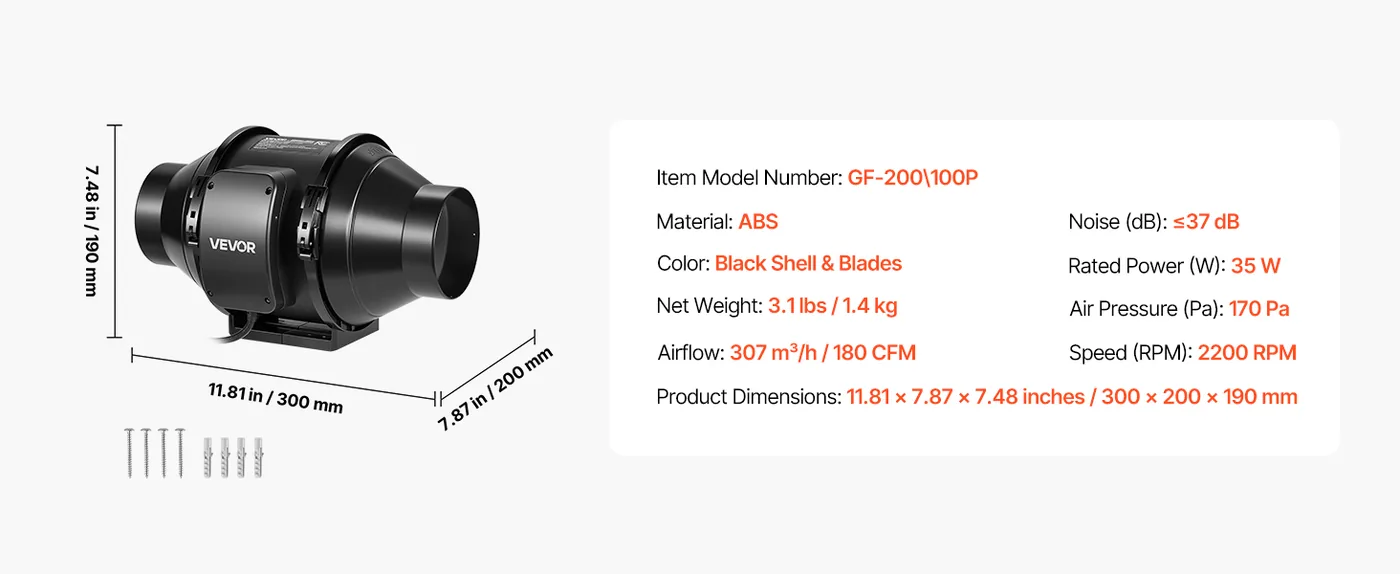 VEVOR Inline Duct Fan Without Controller AC 4 inch feature 1