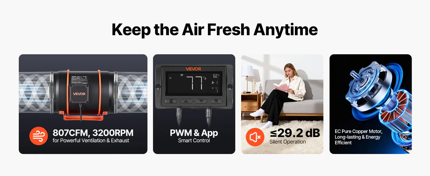 VEVOR Inline Duct Fan PWM Temperature & Humidity Control wit overview
