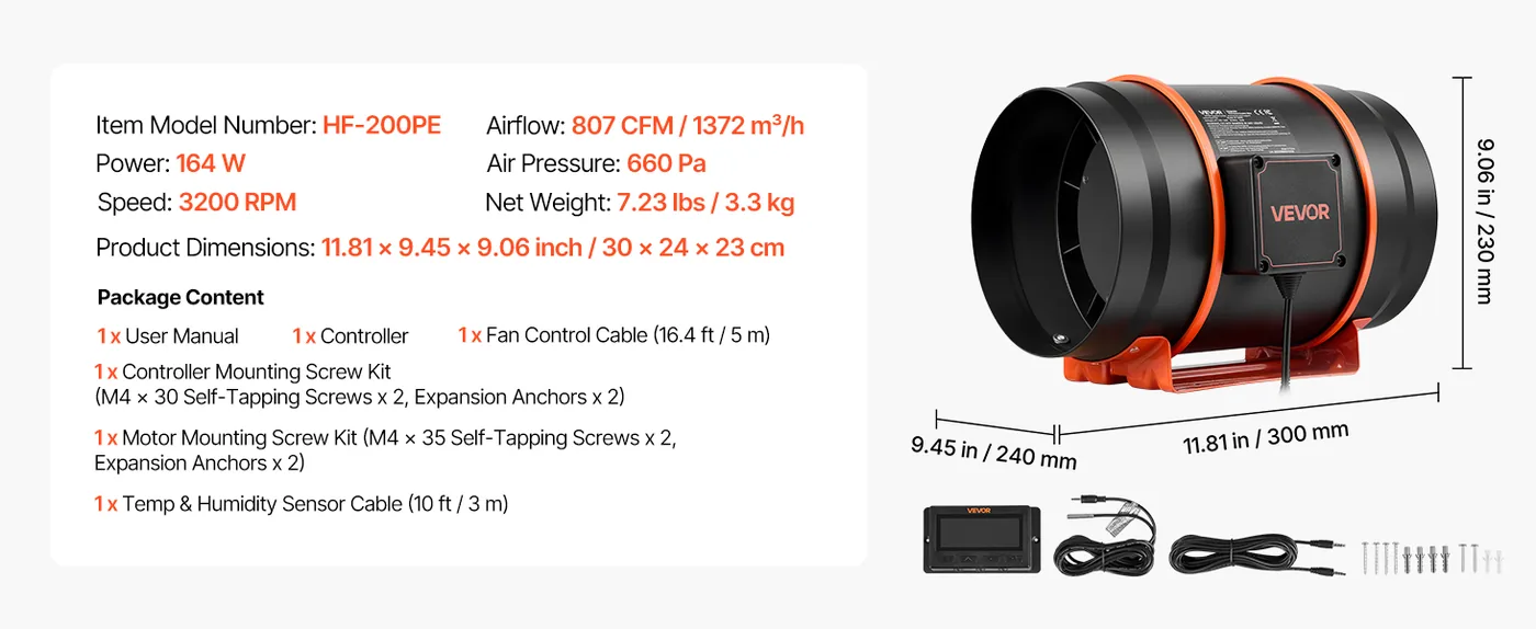 VEVOR Inline Duct Fan PWM Temperature & Humidity Control wit feature 1