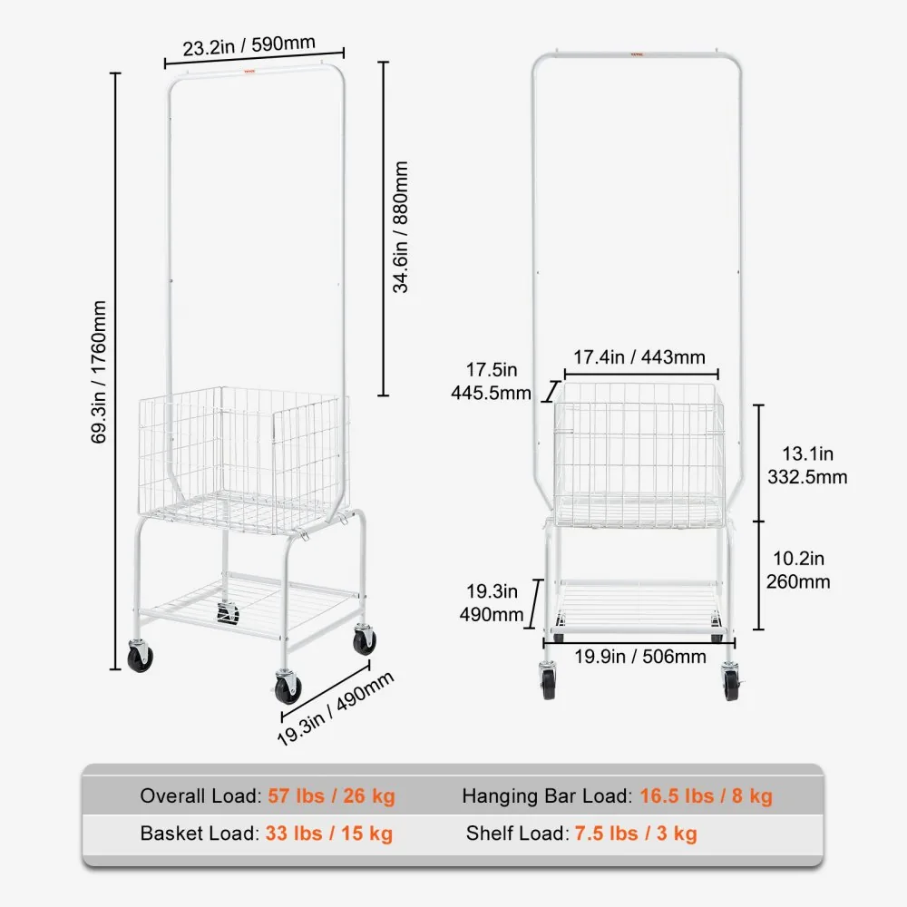 VEVOR Metal Rolling Laundry Basket with Hanging Garment Rack product image 6