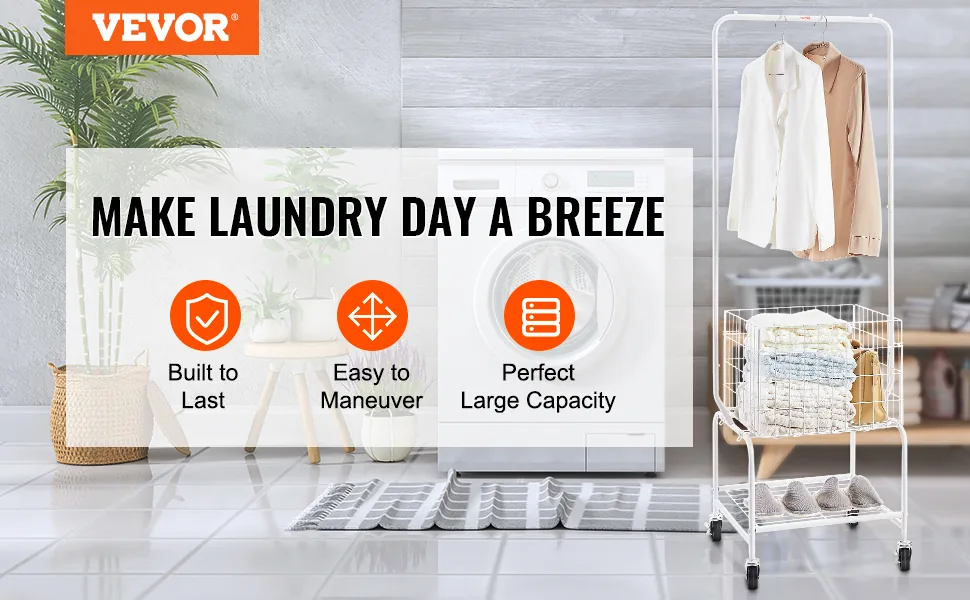 VEVOR Metal Rolling Laundry Basket with Hanging Garment Rack overview