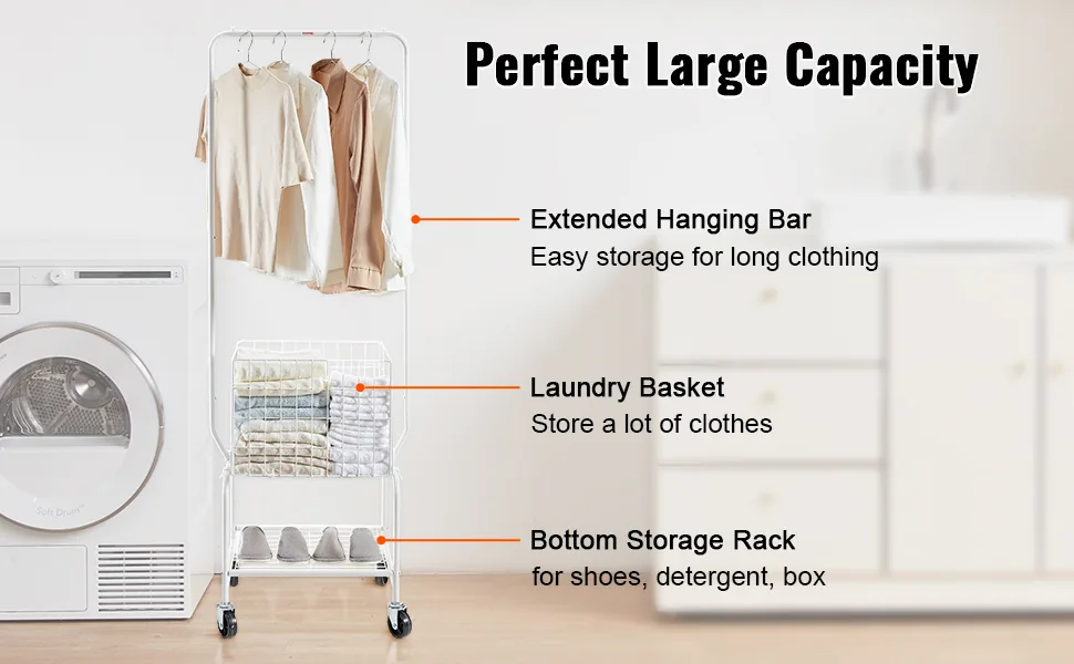 VEVOR Metal Rolling Laundry Basket with Hanging Garment Rack feature 2