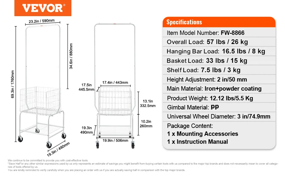 VEVOR Metal Rolling Laundry Basket with Hanging Garment Rack feature 5