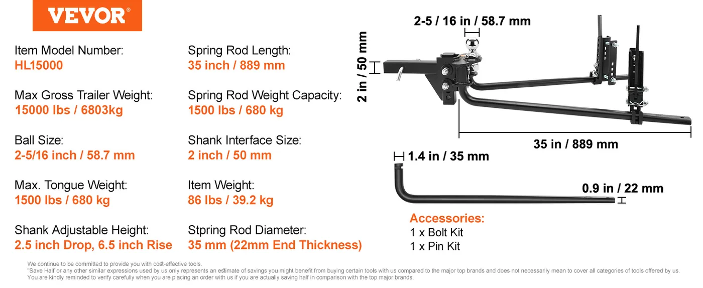 VEVOR Weight Distribution Hitch 1500 lbs feature 5
