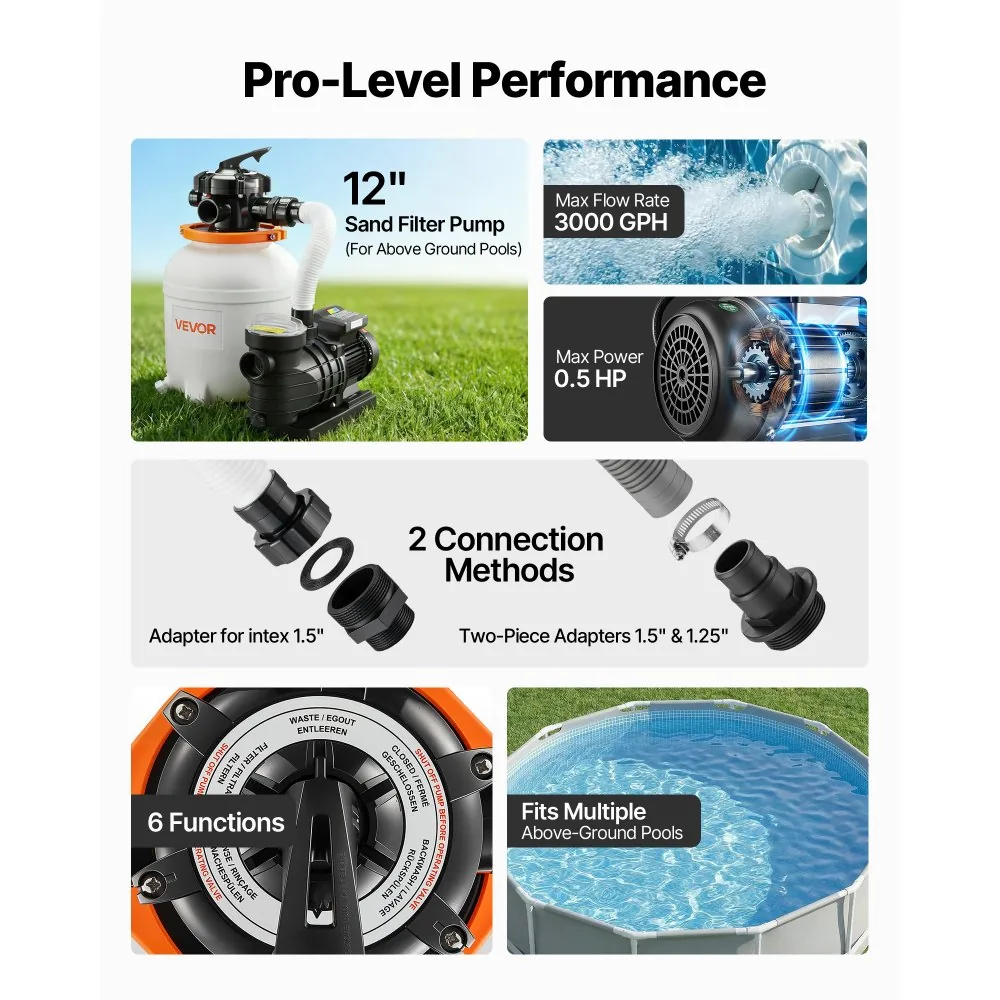 VEVOR 12 inch sand filter pump dimensions