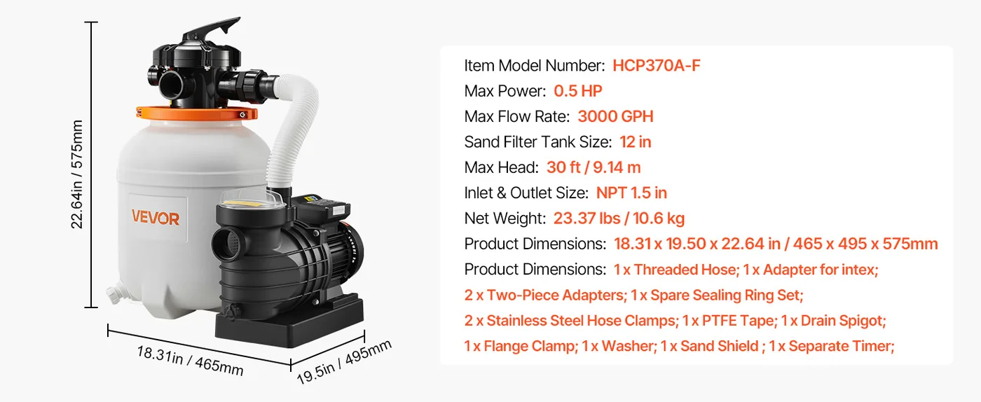 VEVOR 12 in Sand Filter Pump 0.5 HP 3000 GPH for Pool Transparent Lid