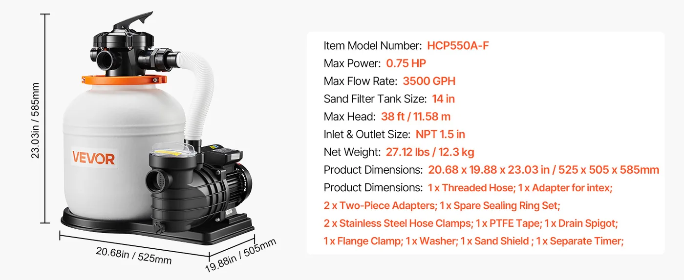 VEVOR 14 in Sand Filter Pump 0.75 HP 3500 GPH for Pool Transparent Lid