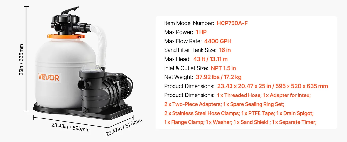 VEVOR 16 in Sand Filter Pump 1 HP 4400 GPH for Pool Transparent Lid