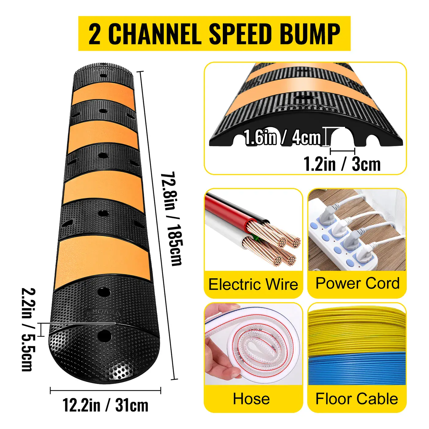 VEVOR Rubber Traffic Calming Device 72.8x12.2x2.2 in 2 Chann feature 2