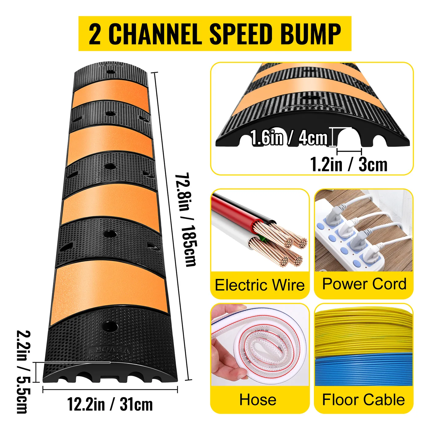 VEVOR Rubber Speed Bump 72.8x12.2x2.4 in 2 Channels 1 Pack feature 2